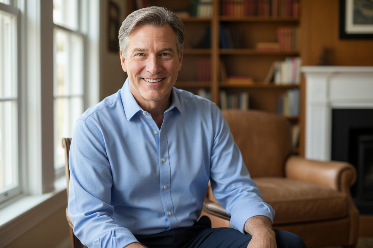 згенеруй чоловіка років 50 приємного з посмішкою